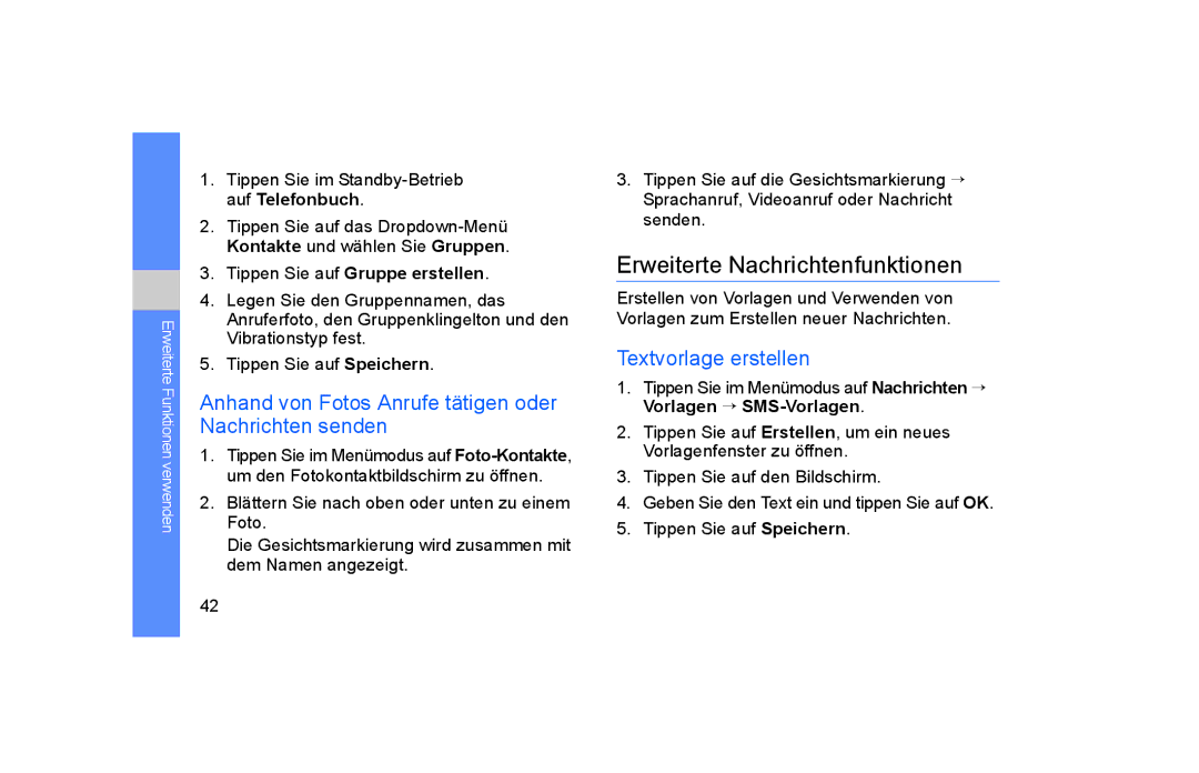 Samsung GT-S5600TKVVD2 manual Erweiterte Nachrichtenfunktionen, Anhand von Fotos Anrufe tätigen oder Nachrichten senden 