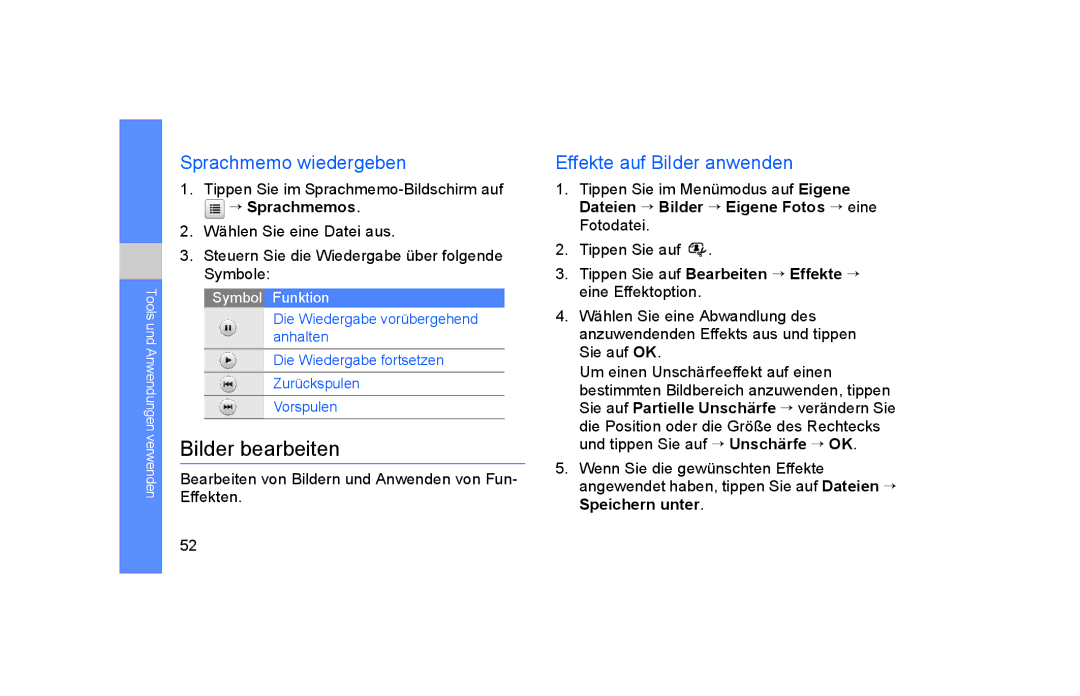 Samsung GT-S5600HAADTM manual Bilder bearbeiten, Sprachmemo wiedergeben, Effekte auf Bilder anwenden, → Sprachmemos 