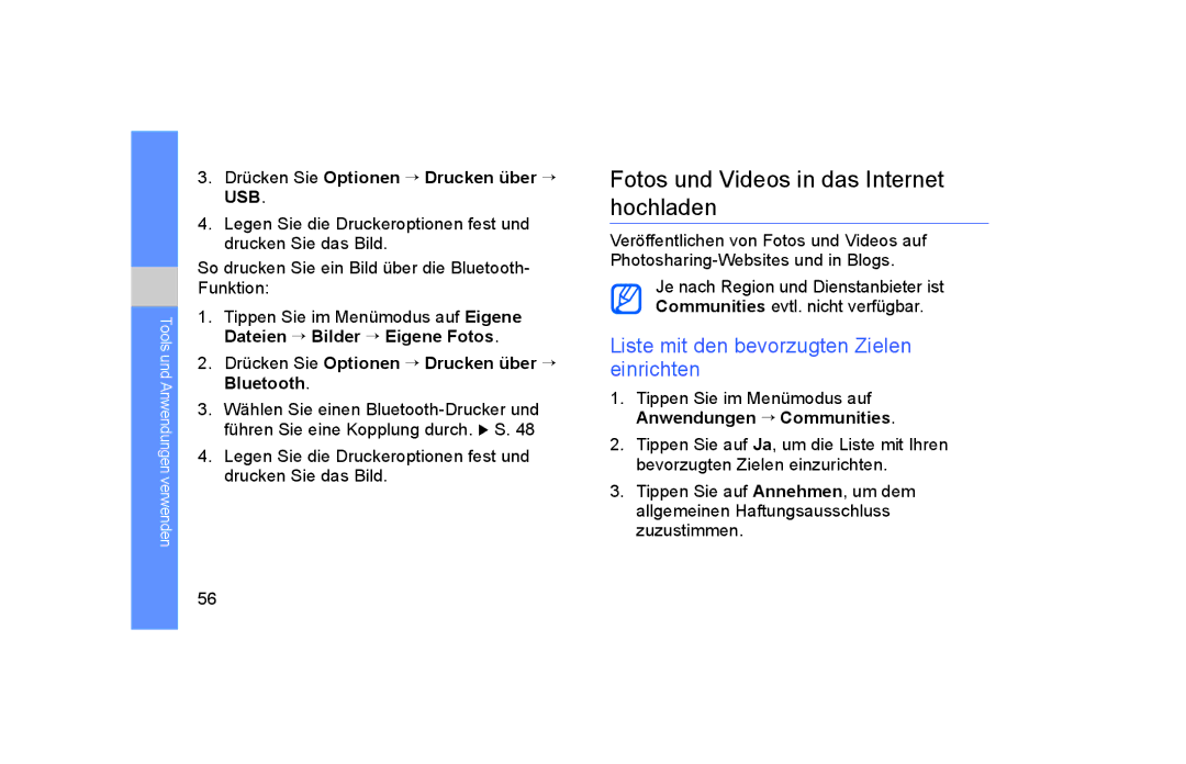 Samsung GT-S5600HAADTM manual Fotos und Videos in das Internet hochladen, Liste mit den bevorzugten Zielen einrichten 