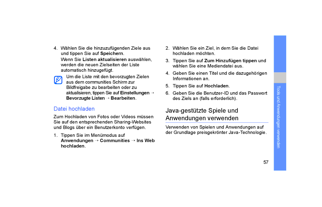 Samsung GT-S5600SIVVD2 Java-gestützte Spiele und Anwendungen verwenden, Datei hochladen, Bevorzugte Listen → Bearbeiten 