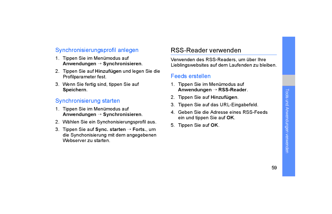 Samsung GT-S5600PWVVD2 RSS-Reader verwenden, Synchronisierungsprofil anlegen, Synchronisierung starten, Feeds erstellen 