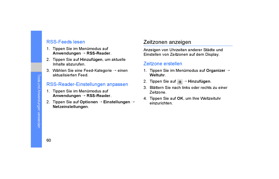 Samsung GT-S5600HAADTM manual Zeitzonen anzeigen, RSS-Feeds lesen, RSS-Reader-Einstellungen anpassen, Zeitzone erstellen 