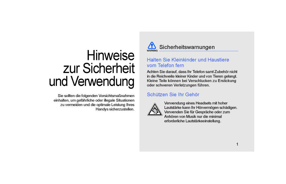 Samsung GT-S5600SIVVD2 Sicherheitswarnungen, Halten Sie Kleinkinder und Haustiere vom Telefon fern, Schützen Sie Ihr Gehör 