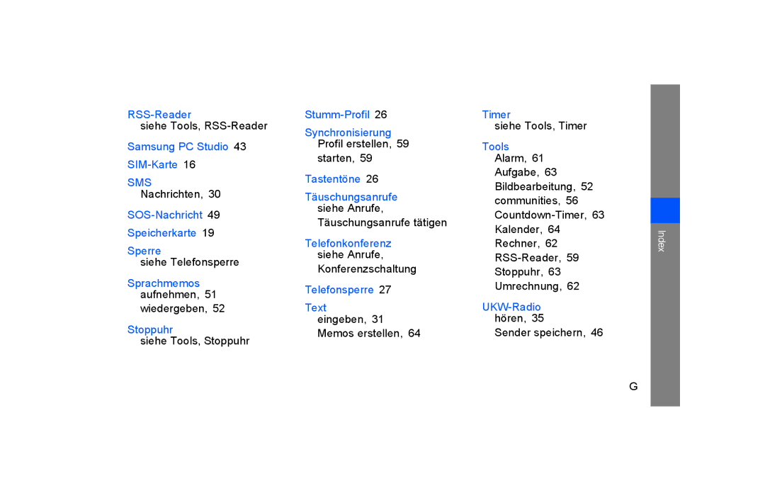 Samsung GT-S5600PWVVD2 manual Siehe Tools, RSS-Reader, Nachrichten, Siehe Telefonsperre, Wiedergeben, Siehe Tools, Stoppuhr 