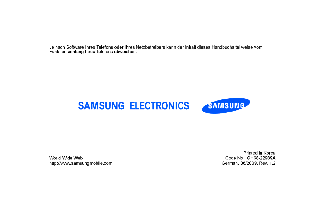 Samsung GT-S5600TKVVD2, GT-S5600PWVVD2, GT-S5600HAADTM, GT-S5600SIVVD2 manual German /2009. Rev 