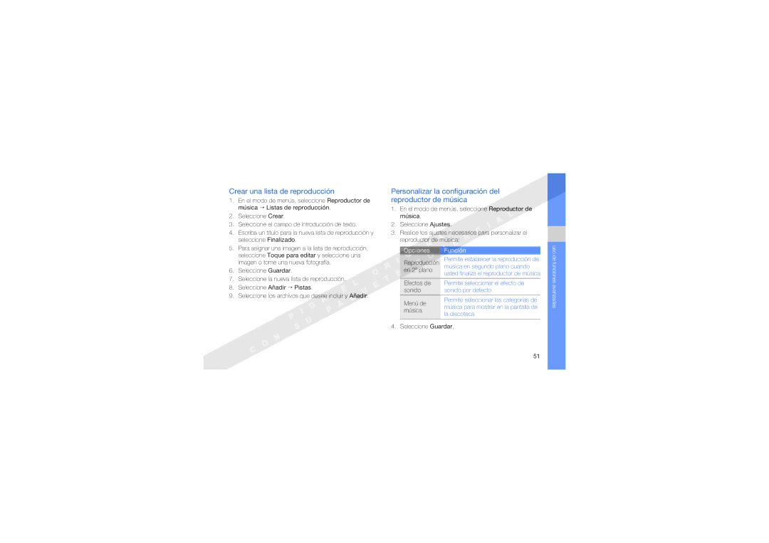Samsung GT-S5620KOAAMN manual Crear una lista de reproducción, Personalizar la configuración del reproductor de música 