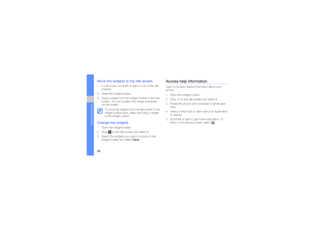 Samsung GT-S5620CWASKZ, GT-S5620CWAKSA Access help information, Move the widgets to the idle screen, Change the widgets 