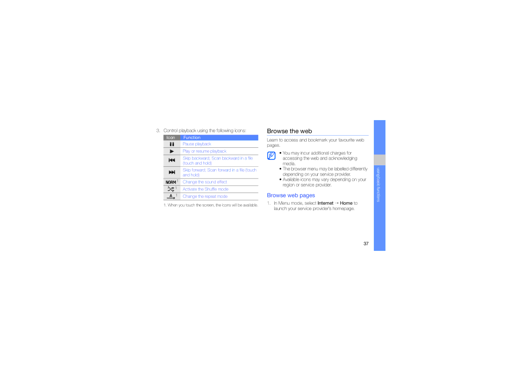 Samsung GT-S5620TIAMID, GT-S5620CWAKSA manual Browse the web, Browse web pages, Control playback using the following icons 