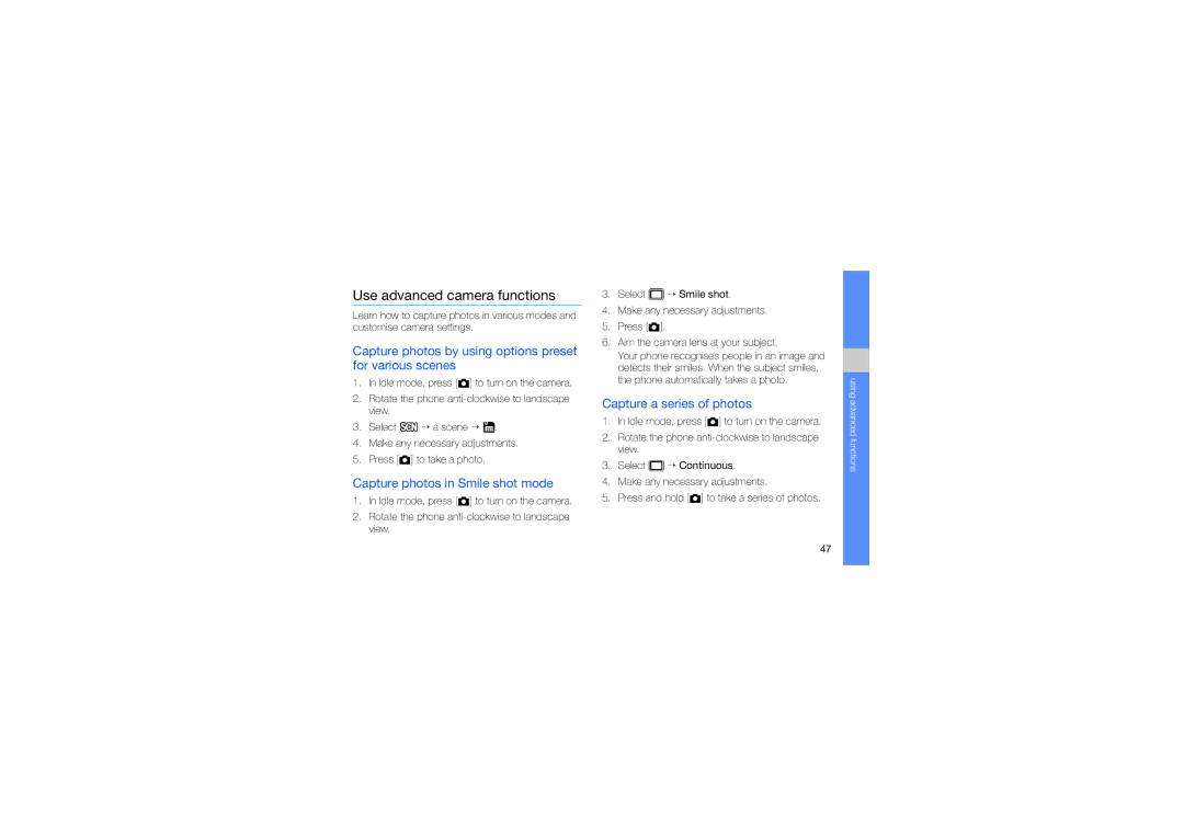 Samsung GT-S5620KOAJED manual Use advanced camera functions, Capture photos by using options preset for various scenes 
