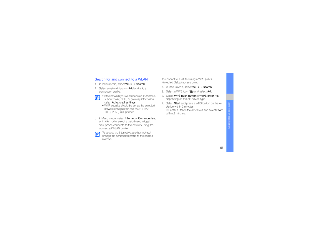 Samsung GT-S5620DKAXXV, GT-S5620CWAKSA, GT-S5620DAAEGY, GT-S5620DKASKZ, GT-S5620KOAMID manual Search for and connect to a Wlan 