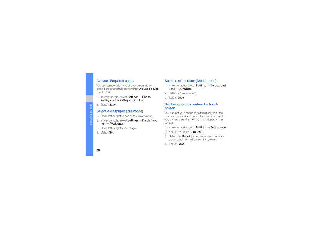 Samsung GT-S5620DKAECT manual Activate Etiquette pause, Select a wallpaper Idle mode, Select a skin colour Menu mode 