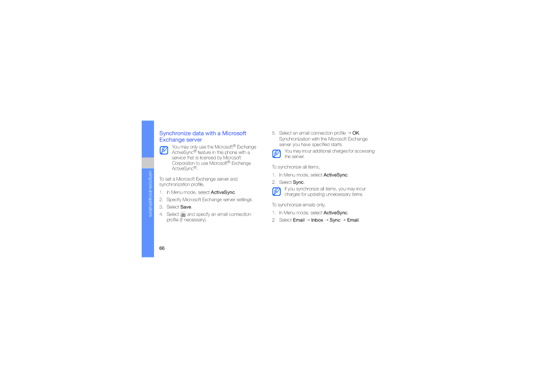 Samsung GT-S5620HSAXXV, GT-S5620CWAKSA, GT-S5620DAAEGY, GT-S5620DKASKZ Synchronize data with a Microsoft Exchange server 