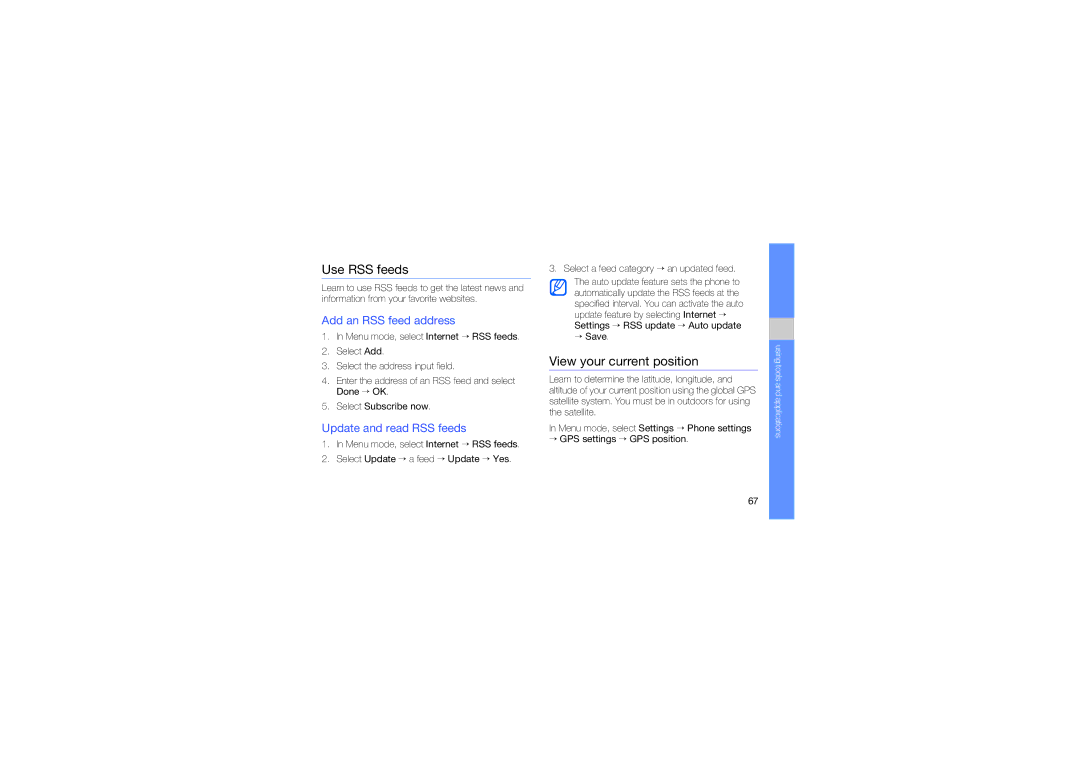 Samsung GT-S5620DKAXEV manual Use RSS feeds, View your current position, Add an RSS feed address, Update and read RSS feeds 