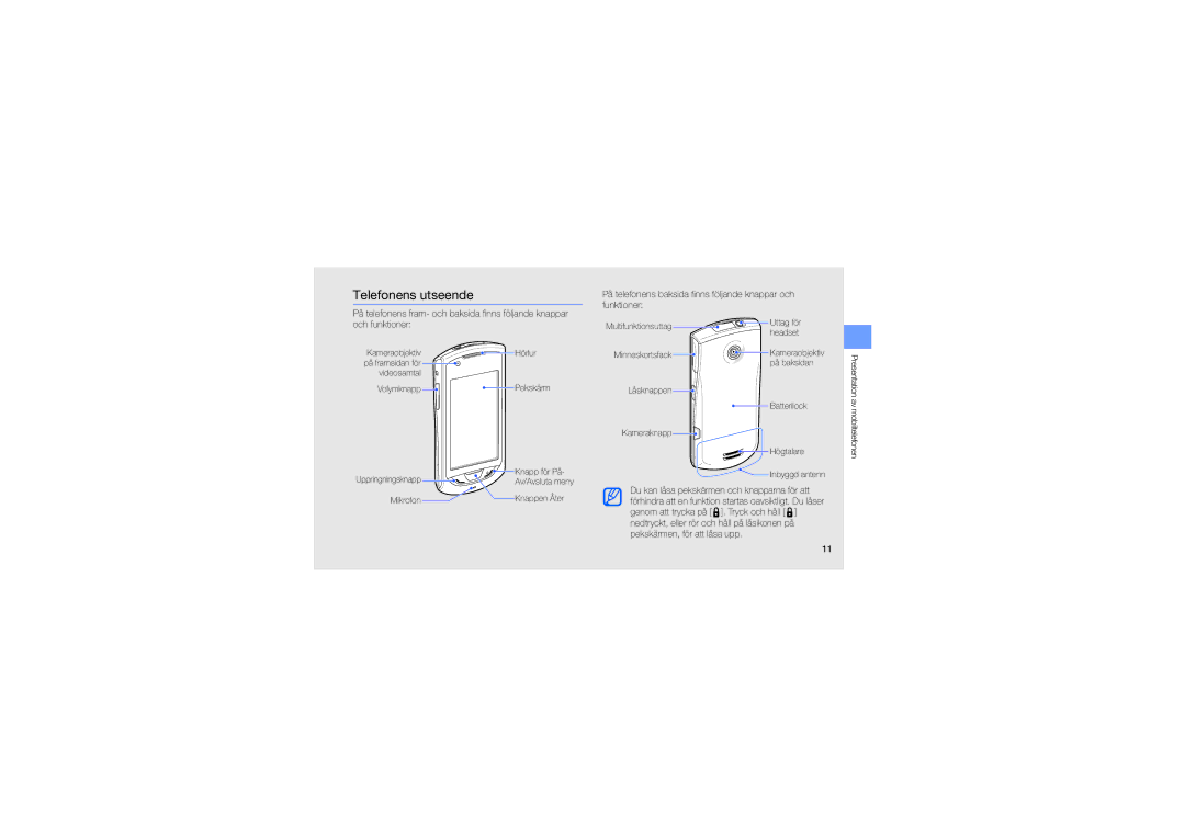 Samsung GT-S5620CWAXEE, GT-S5620CWANEE Telefonens utseende, På telefonens baksida finns följande knappar och funktioner 