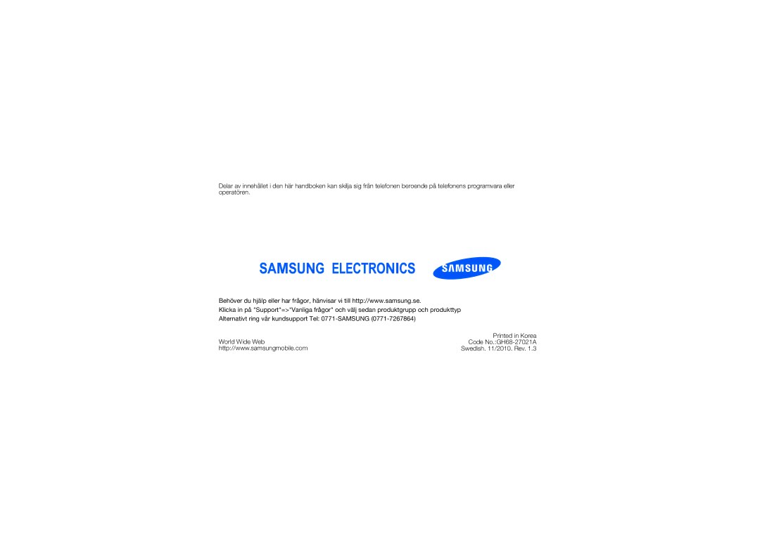 Samsung GT-S5620DKATEN, GT-S5620CWANEE, GT-S5620KOANEE, GT-S5620DAANEE, GT-S5620DKAXEE, GT-S5620TIANEE manual Swedish /2010. Rev 