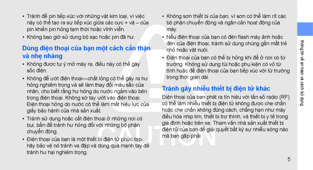 Samsung GT-S5620HSAXXV manual Dùng điện thoại của bạn một cách cẩn thận và nhẹ nhàng, Tránh gây nhiễu thiết bị điện tử khác 