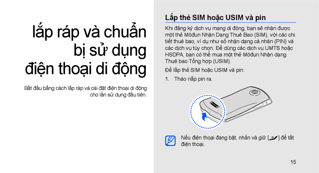 Samsung GT-S5620PWAXEV, GT-S5620CWAXXV manual Lắp ráp và chuẩn bị sử dụng điện thoại di động, Lắp thẻ SIM hoặc Usim và pin 