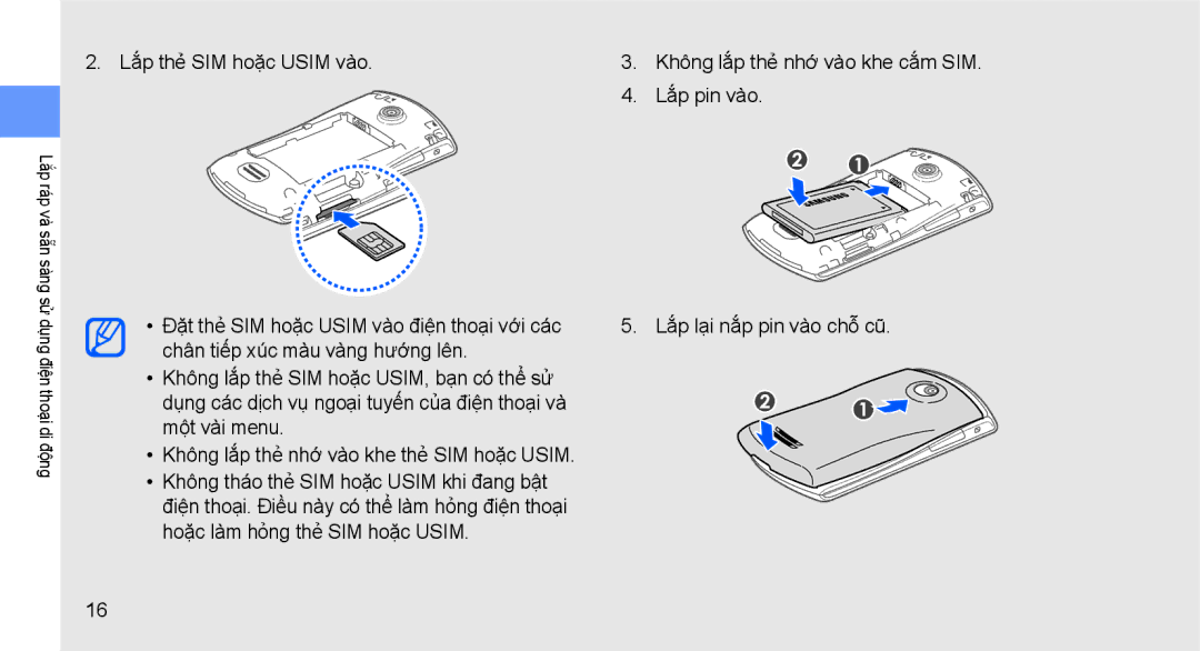 Samsung GT-S5620MSAXEV manual Lắp thẻ SIM hoặc Usim vào, Lắp pin vào, Đặt thẻ SIM hoặc Usim vào điện thoại với các 