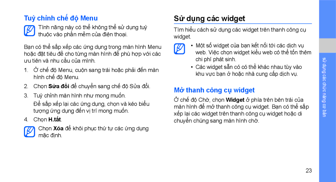 Samsung GT-S5620CWAXXV, GT-S5620DAAXEV, GT-S5620DAAXXV Sư dung cac widget, Tuỳ chỉnh chế độ Menu, Mở thanh công cụ widget 
