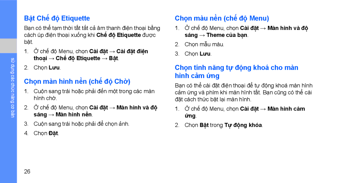 Samsung GT-S5620DKAXXV, GT-S5620CWAXXV manual Bật Chế độ Etiquette, Chọn màn hình nền chế độ Chờ, Chọn màu nền chế độ Menu 
