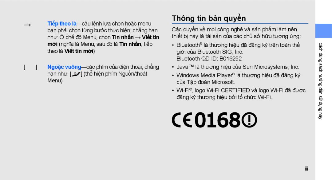 Samsung GT-S5620PIAXXV, GT-S5620CWAXXV, GT-S5620DAAXEV manual Thông tin bản quyền, Hạn như thể hiện phím Nguồn/thoát, Menu 