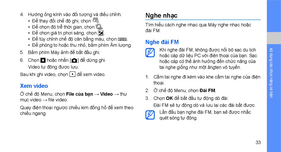 Samsung GT-S5620KOAXXV manual Nghe nhạc, Xem video, Nghe đài FM, Tìm hiểu cách nghe nhạc qua Máy nghe nhạc hoặc đài FM 