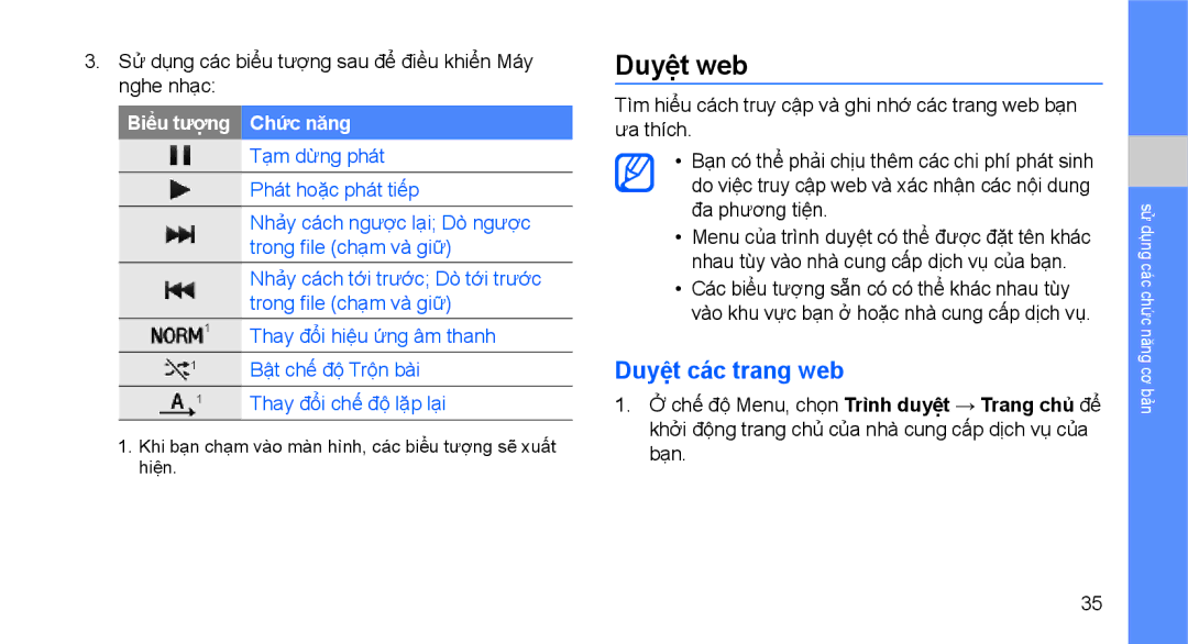 Samsung GT-S5620HSAXXV manual Duyệt web, Duyệt các trang web, Sử dụng các biểu tượng sau để điều khiển Máy nghe nhạc 