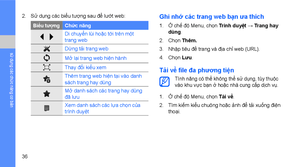 Samsung GT-S5620DKAXEV, GT-S5620CWAXXV, GT-S5620DAAXEV manual Ghi nhớ các trang web bạn ưa thích, Tải về file đa phương tiện 