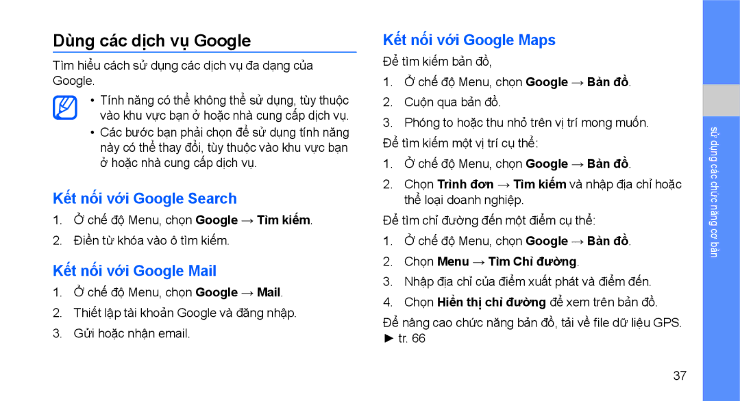 Samsung GT-S5620KOAXEV, GT-S5620CWAXXV manual Dùng các dịch vụ Google, Kết nối với Google Search, Kết nối với Google Mail 