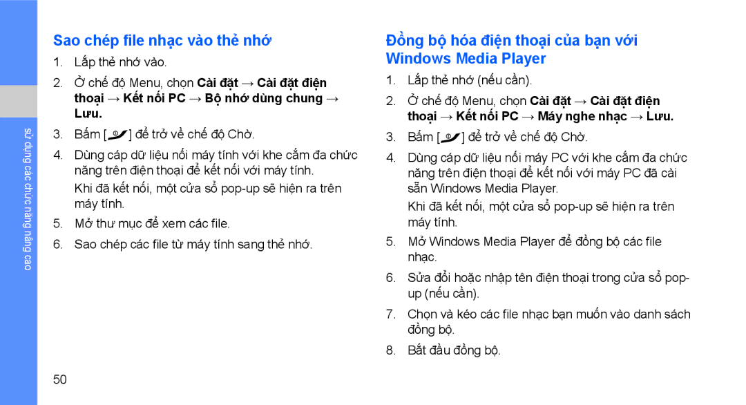 Samsung GT-S5620HSAXXV manual Sao chép file nhạc vào thẻ nhớ, Đồng bộ hóa điện thoại của bạn với Windows Media Player, Lưu 