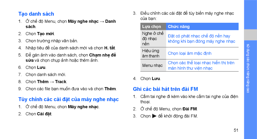 Samsung GT-S5620DKAXEV, GT-S5620CWAXXV Tạo danh sách, Tùy chỉnh các cài đặt của máy nghe nhạc, Ghi các bài hát trên đài FM 