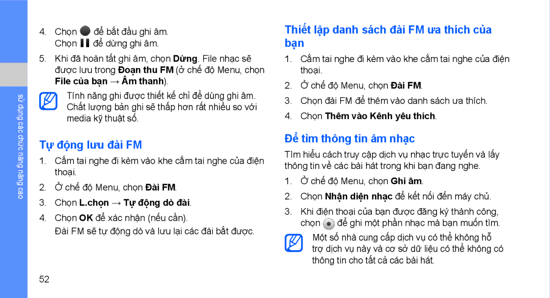 Samsung GT-S5620KOAXEV manual Tự động lưu đài FM, Thiết lập danh sách đài FM ưa thích của bạn, Để tìm thông tin âm nhạc 