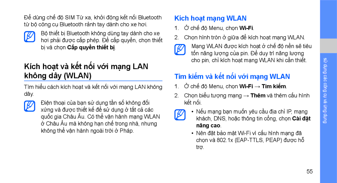 Samsung GT-S5620DAAXXV, GT-S5620CWAXXV manual Kích hoạt và kết nối với mạng LAN không dây Wlan, Kích hoạt mạng Wlan 