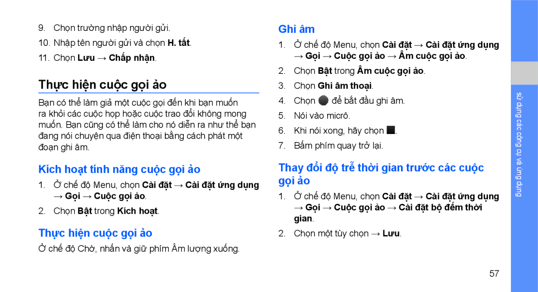 Samsung GT-S5620PIAXXV, GT-S5620CWAXXV, GT-S5620DAAXEV manual Thực hiện cuộc gọi ảo, Kích hoạt tính năng cuộc gọi ảo, Ghi âm 