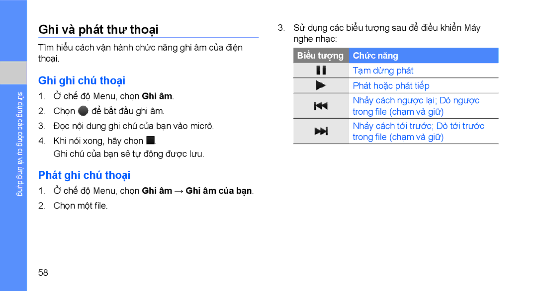 Samsung GT-S5620PWAXXV, GT-S5620CWAXXV, GT-S5620DAAXEV manual Ghi và phát thư thoại, Ghi ghi chú thoại, Phát ghi chú thoại 