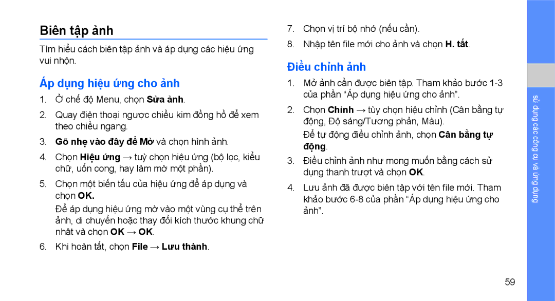 Samsung GT-S5620TIAXXV manual Biên tập ảnh, Áp dụng hiệu ứng cho ảnh, Điều chỉnh ảnh, Gõ nhẹ vào đây để Mở và chọn hình ảnh 