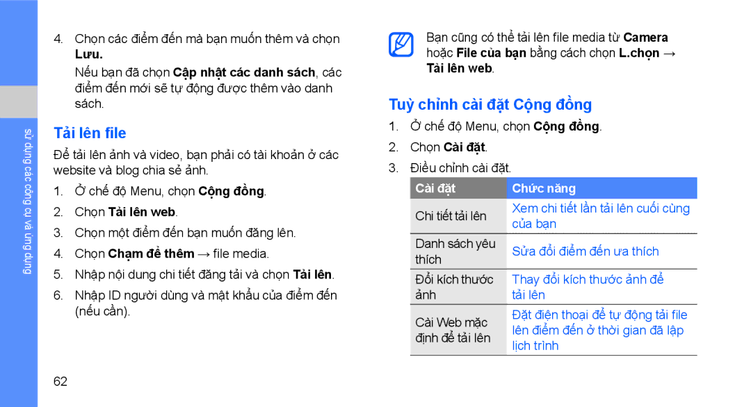 Samsung GT-S5620MSAXXV, GT-S5620CWAXXV, GT-S5620DAAXEV manual Tải lên file, Tuỳ chỉnh cài đặt Cộng đồng, Chọn Tải lên web 