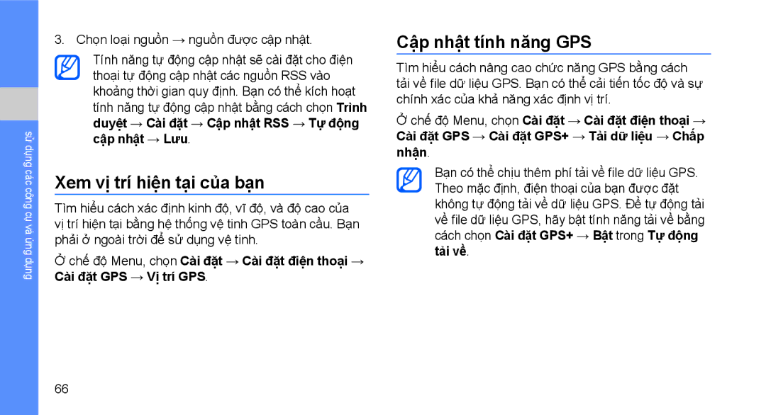 Samsung GT-S5620DKAXEV manual Xem vị trí hiện tại của bạn, Cập nhật tính năng GPS, Chọn loại nguồn → nguồn được cập nhật 