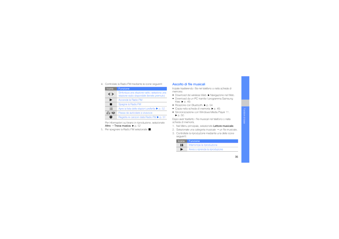 Samsung GT-S5620DKAOMN manual Ascolto di file musicali, Controllate la Radio FM mediante le icone seguenti, Icona Funzione 