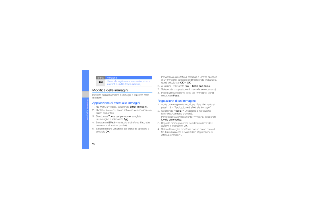 Samsung GT-S5620CWAORS manual Modifica delle immagini, Applicazione di effetti alle immagini, Regolazione di unimmagine 