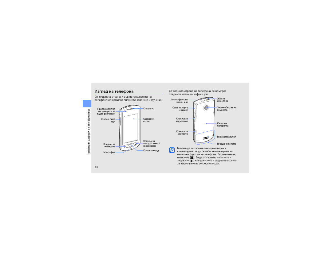 Samsung GT-S5620DKAGBL, GT-S5620KOAGBL, GT-S5620TIRGBL Изглед на телефона, Телефона се намират следните клавиши и функции 