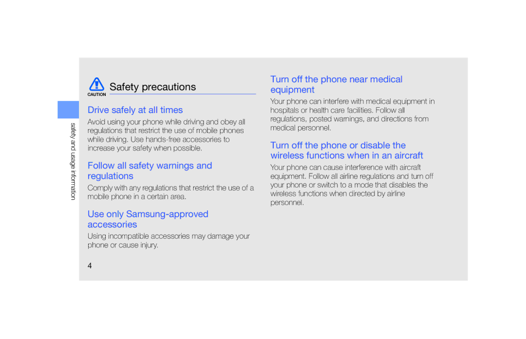 Samsung GT-S5620DKAVIA manual Safety precautions, Drive safely at all times, Follow all safety warnings and regulations 