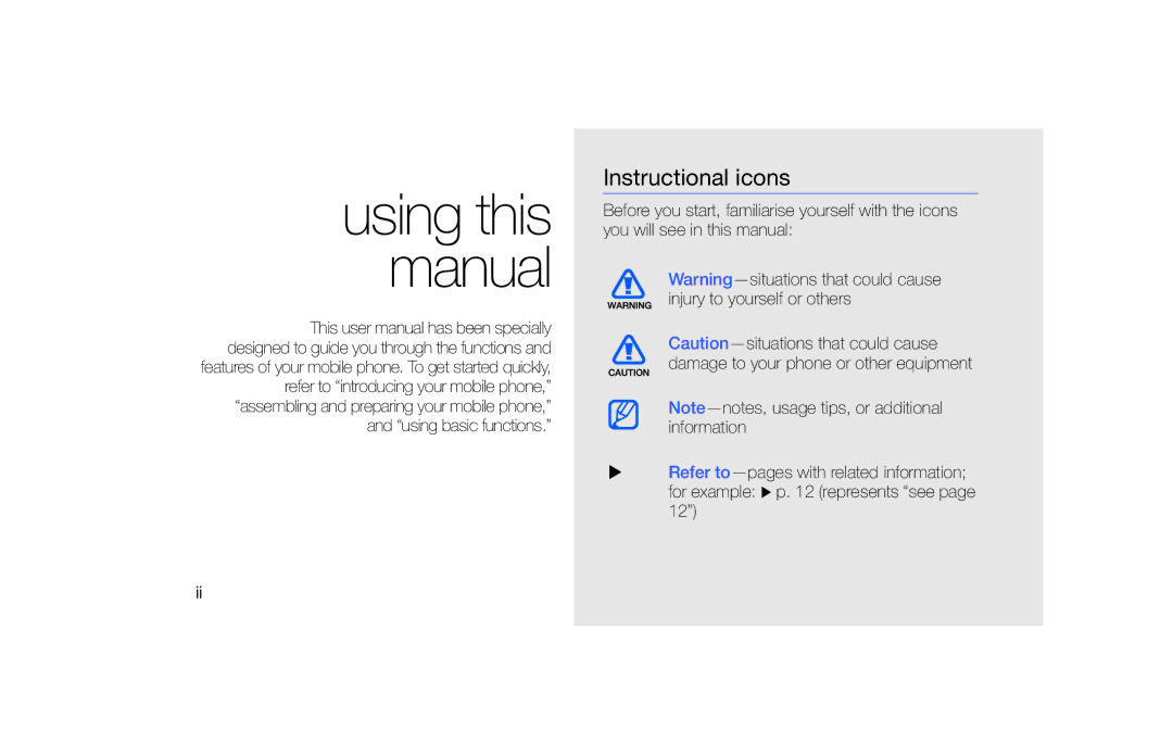 Samsung GT-S5620DKFVIA, GT-S5620KOAEPL, GT-S5620KOADBT, GT-S5620DAADBT, GT-S5620DKADBT Using this manual, Instructional icons 