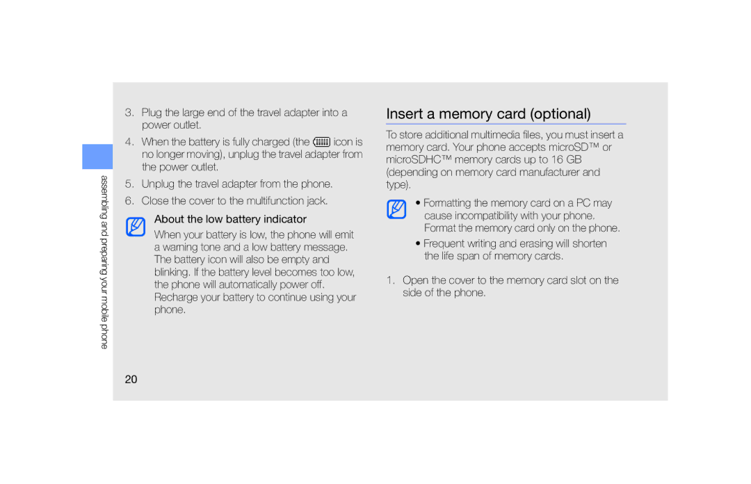 Samsung GT-S5620TIAXEF, GT-S5620KOAEPL, GT-S5620KOADBT, GT-S5620DKFVIA, GT-S5620DAADBT manual Insert a memory card optional 