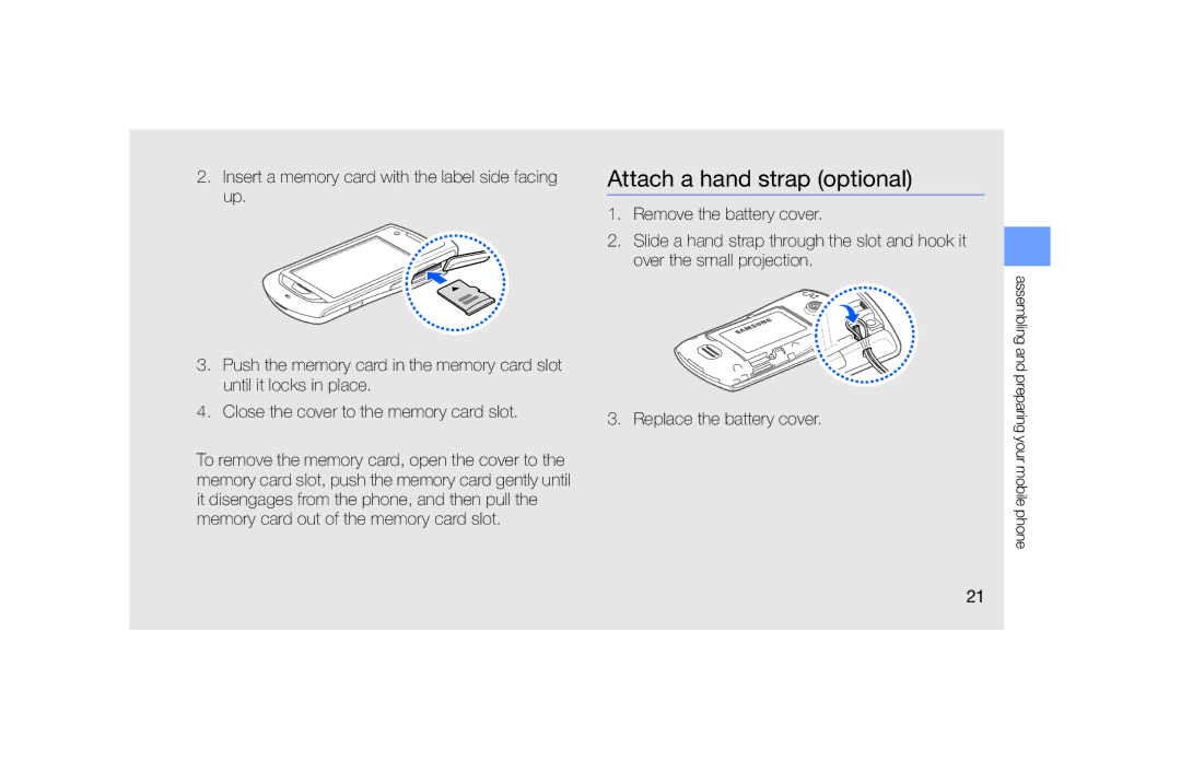 Samsung GT-S5620DKASFR, GT-S5620KOAEPL, GT-S5620KOADBT, GT-S5620DKFVIA, GT-S5620DAADBT manual Attach a hand strap optional 