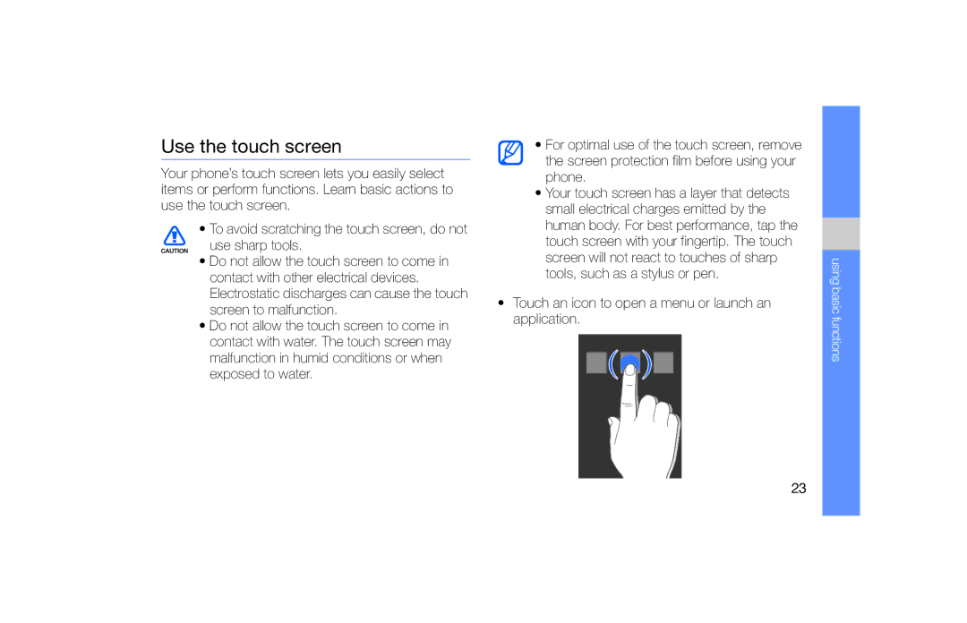 Samsung GT-S5620DKAFTM, GT-S5620KOAEPL manual Use the touch screen, Touch an icon to open a menu or launch an application 