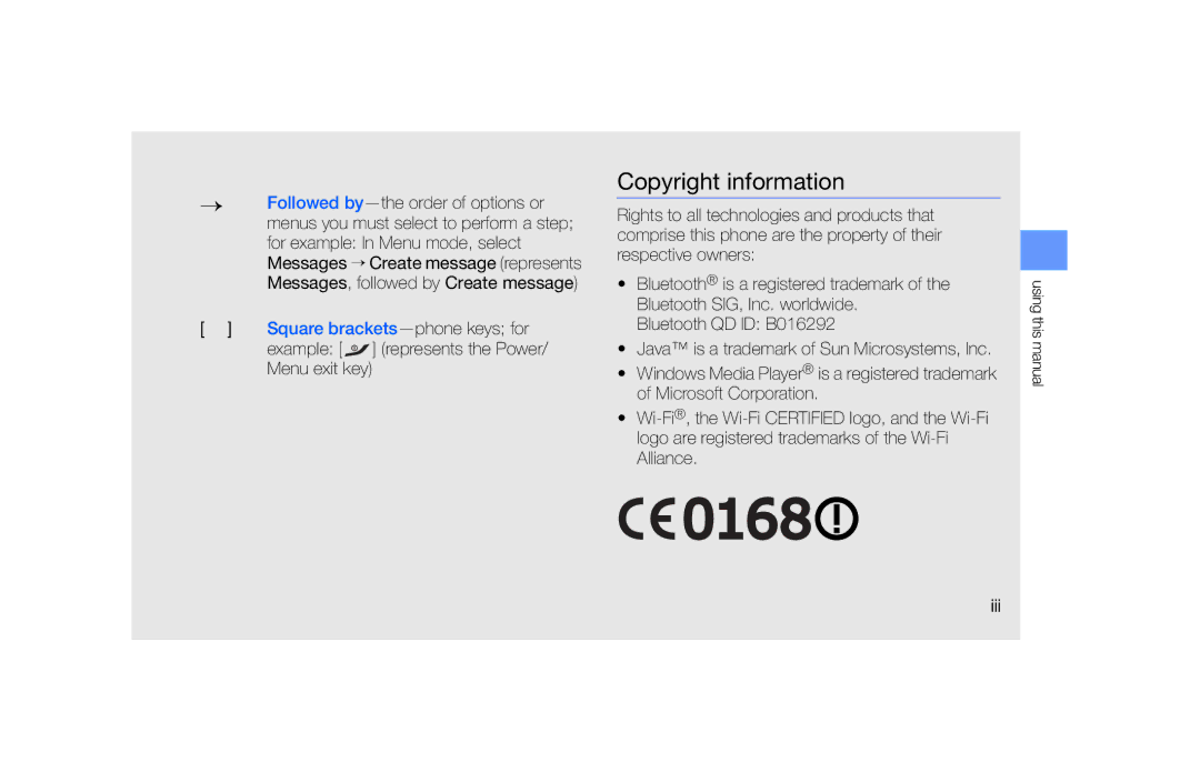 Samsung GT-S5620DAADBT, GT-S5620KOAEPL, GT-S5620KOADBT, GT-S5620DKFVIA, GT-S5620DKADBT manual Copyright information, Iii 