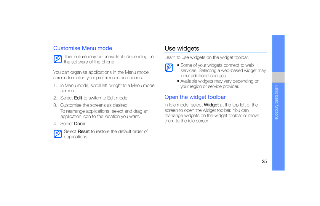 Samsung GT-S5620KOAORC, GT-S5620KOAEPL, GT-S5620KOADBT manual Use widgets, Customise Menu mode, Open the widget toolbar 