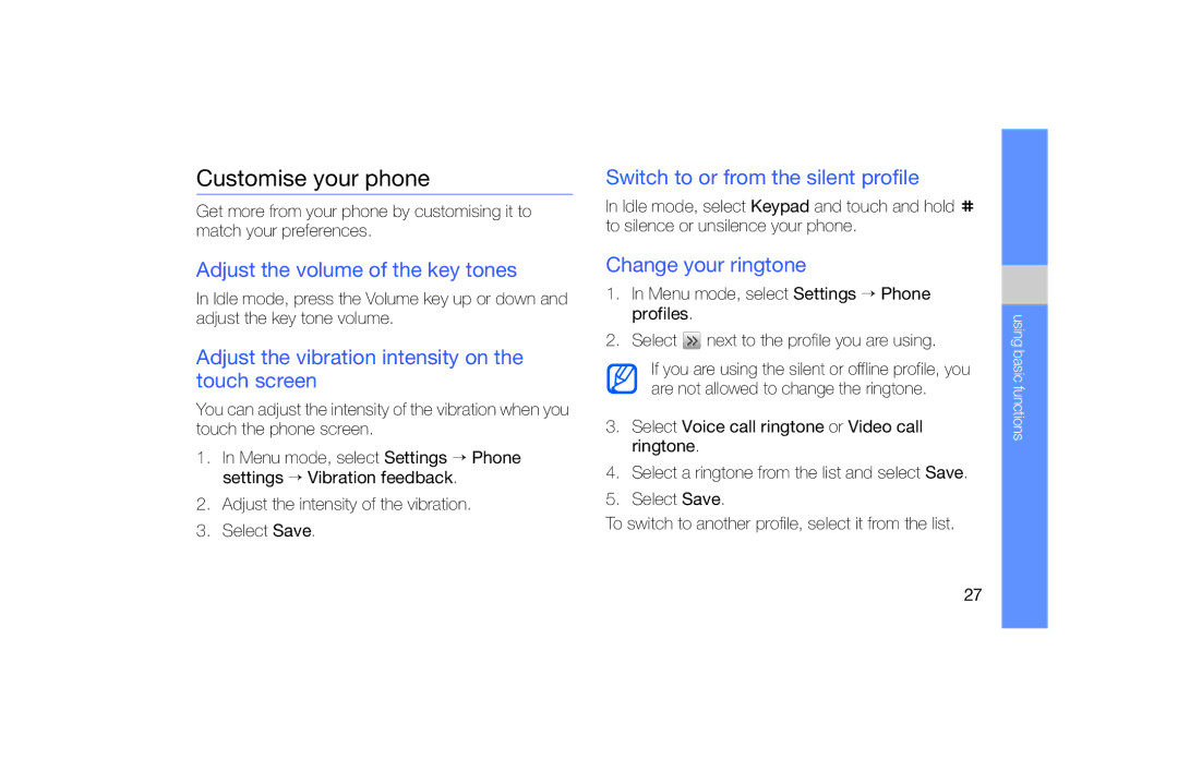 Samsung GT-S5620DAABOG Customise your phone, Adjust the volume of the key tones, Switch to or from the silent profile 