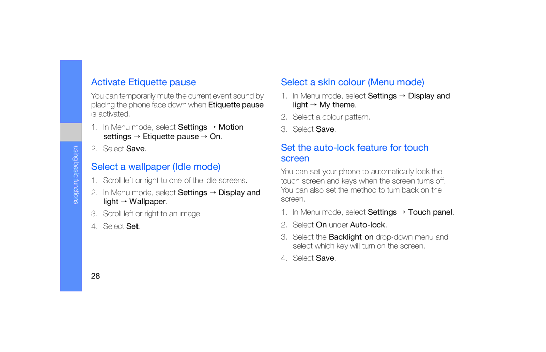 Samsung GT-S5620DAASFR manual Activate Etiquette pause, Select a wallpaper Idle mode, Select a skin colour Menu mode 